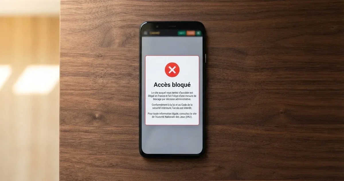 Bandeau d'avertissement d'accès bloqué affiché à la place d'un site de casino en ligne depuis la France