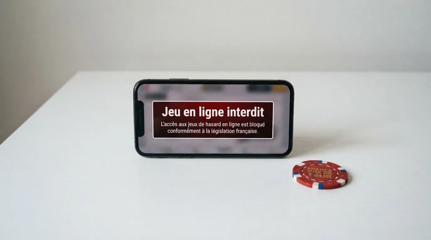Bandeau d'avertissement rappelant l'interdiction du casino en ligne classique en France