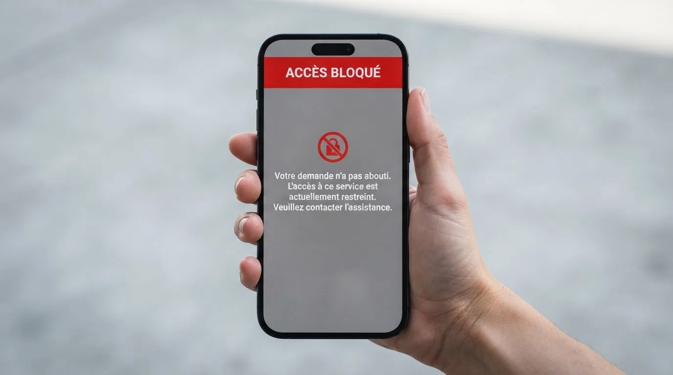 Main tenant un smartphone affichant un message d'avertissement d'accès bloqué
