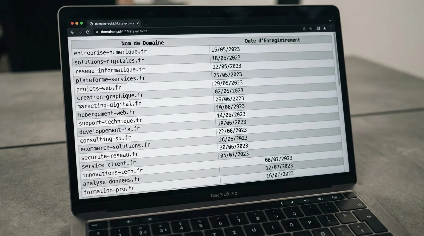 A browser window displaying a long CSV-style list of blocked website domains with decision dates in a column, no brand logos