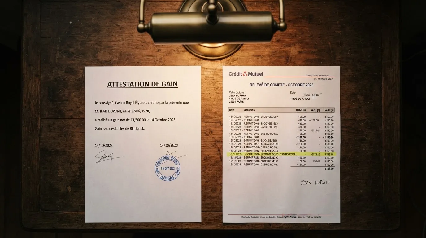 Document d'attestation de gain posé à côté d'un relevé bancaire sur un bureau
