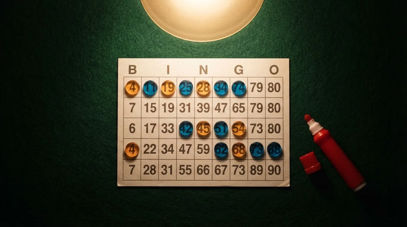 Grille de bingo avec un carton 3 lignes sur 9 colonnes et des jetons numérotés posés dessus