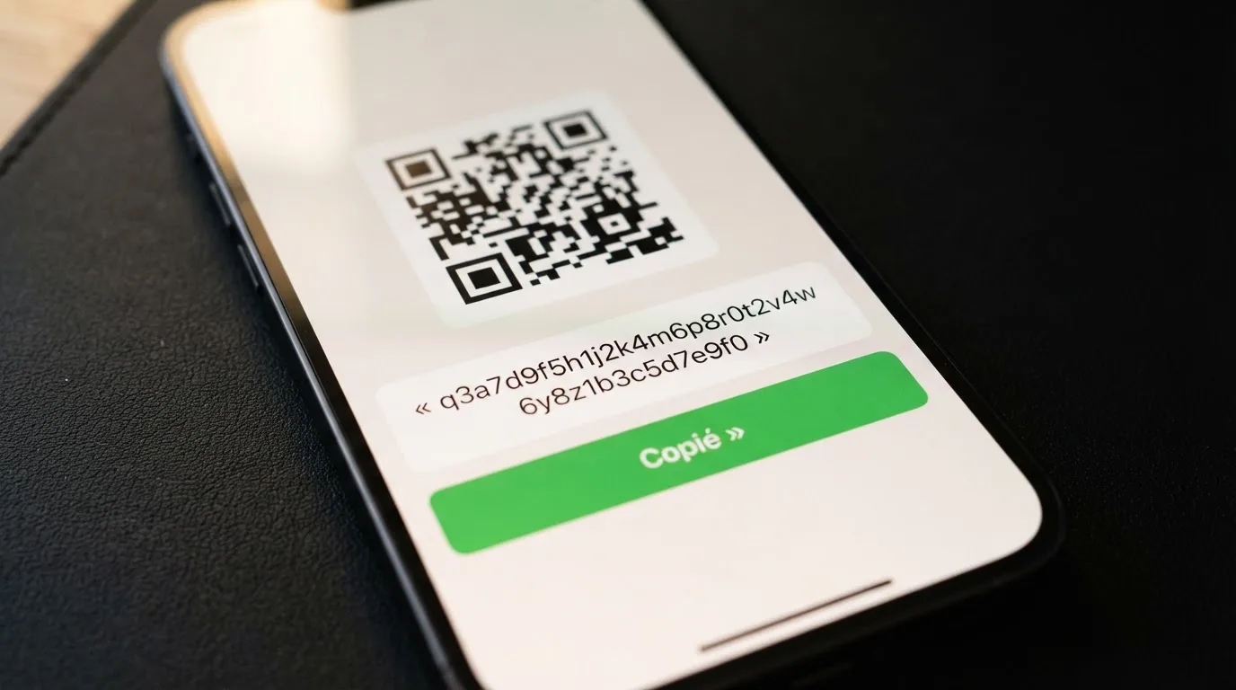 Gros plan sur une application de portefeuille crypto affichant une adresse Bitcoin Cash au format CashAddr commençant par la lettre q, sur fond de pièces BCH.