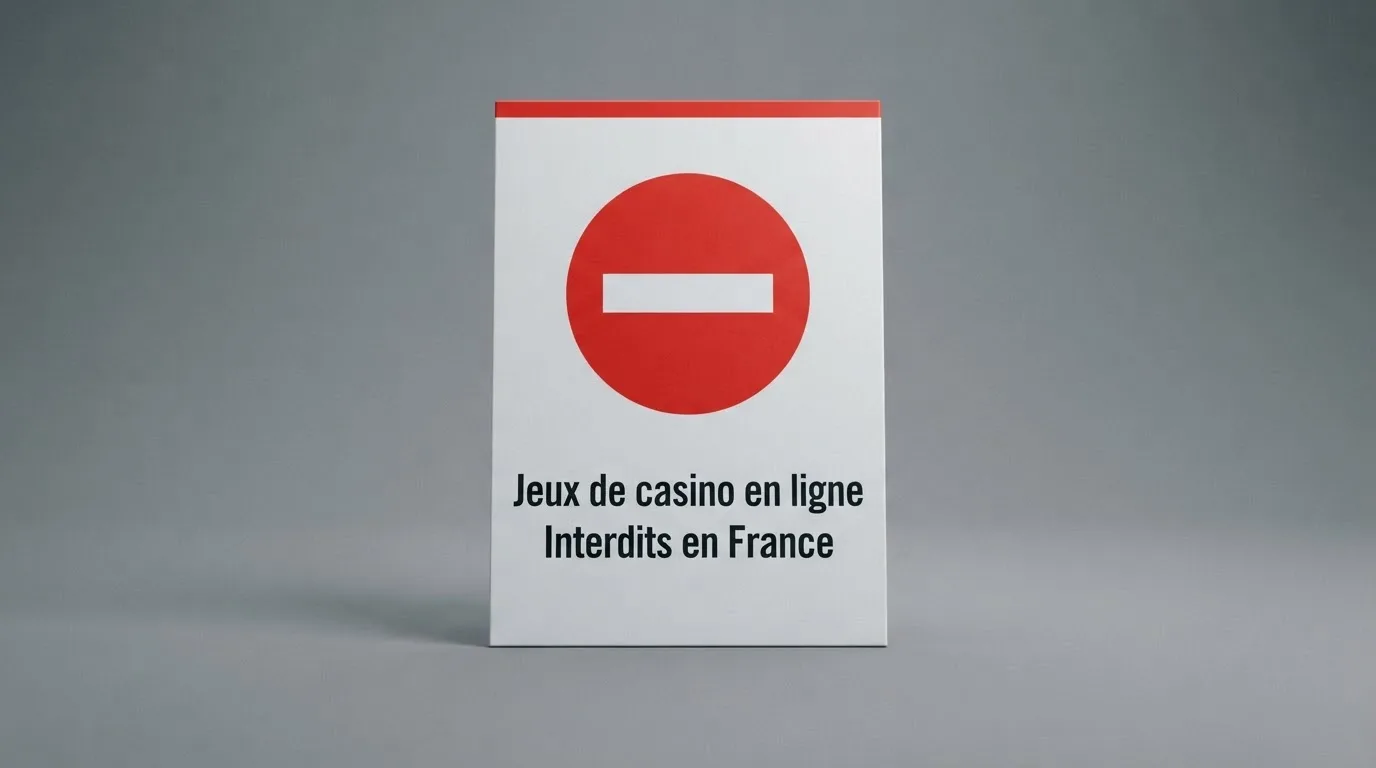 Panneau d'avertissement stylisé évoquant l'interdiction des jeux de casino en ligne en France