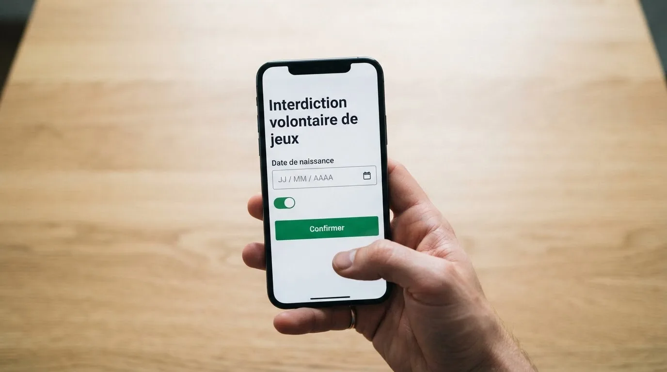 Main tenant un smartphone affichant un formulaire d'inscription à un dispositif d'auto-exclusion