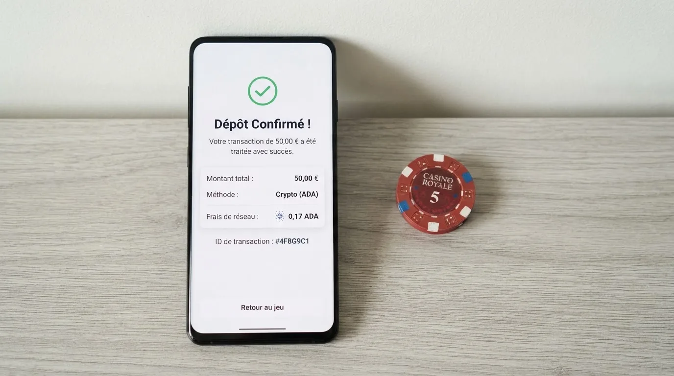 Confirmation d'une transaction Cardano affichée sur l'interface d'un casino en ligne, avec le montant des frais de réseau détaillé