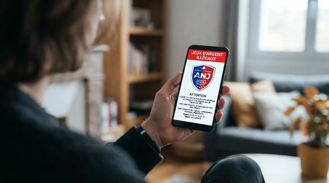 Écran de smartphone affichant un avertissement officiel sur les jeux d'argent illégaux en ligne en France