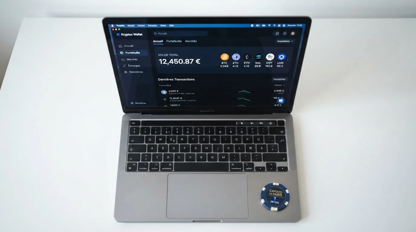 Portefeuille numérique affichant un solde en cryptomonnaie prêt à être transféré vers un compte de jeu