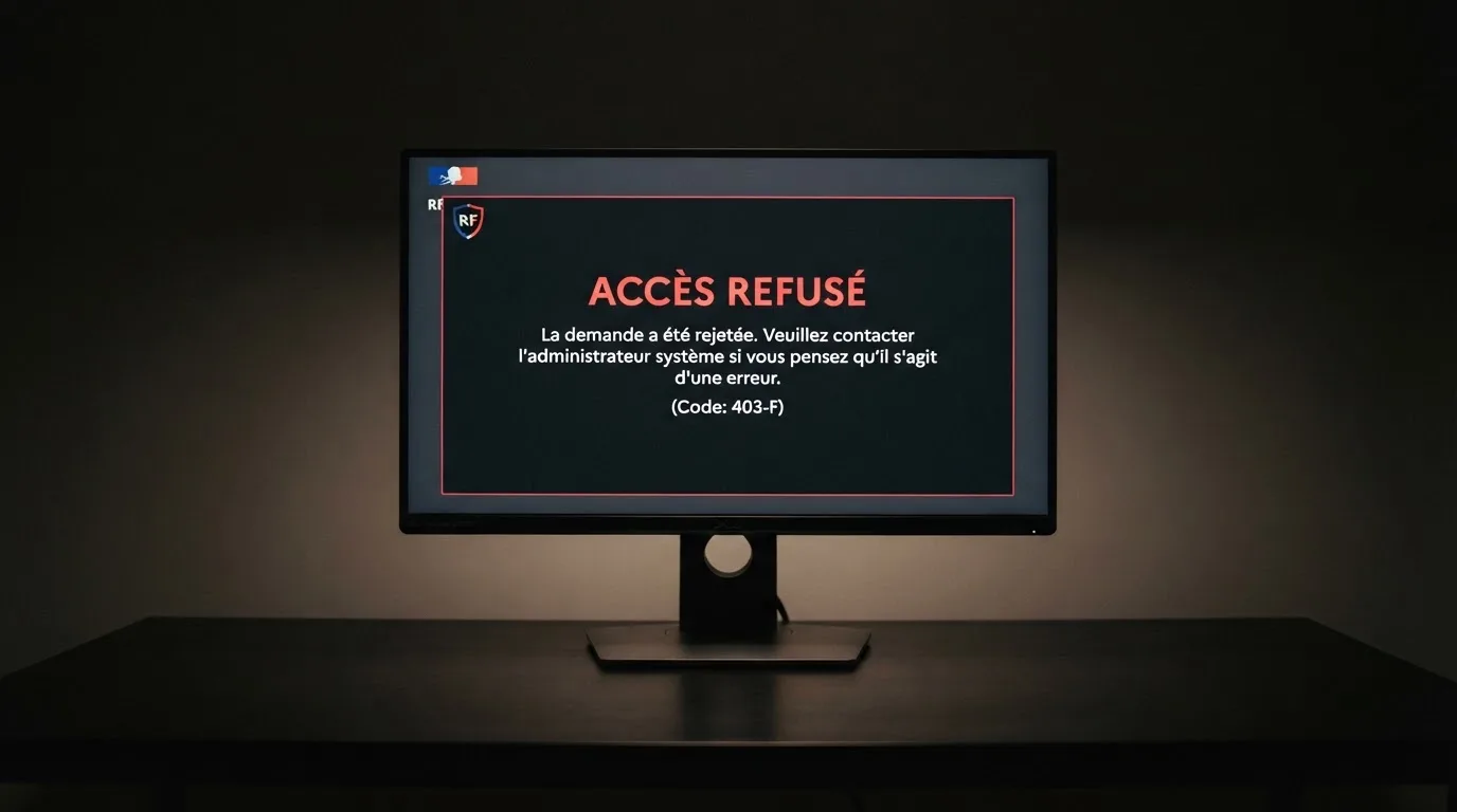 Un écran d'ordinateur affiche un message d'accès bloqué à un site de jeux d'argent non autorisé, sur fond de drapeau français stylisé.