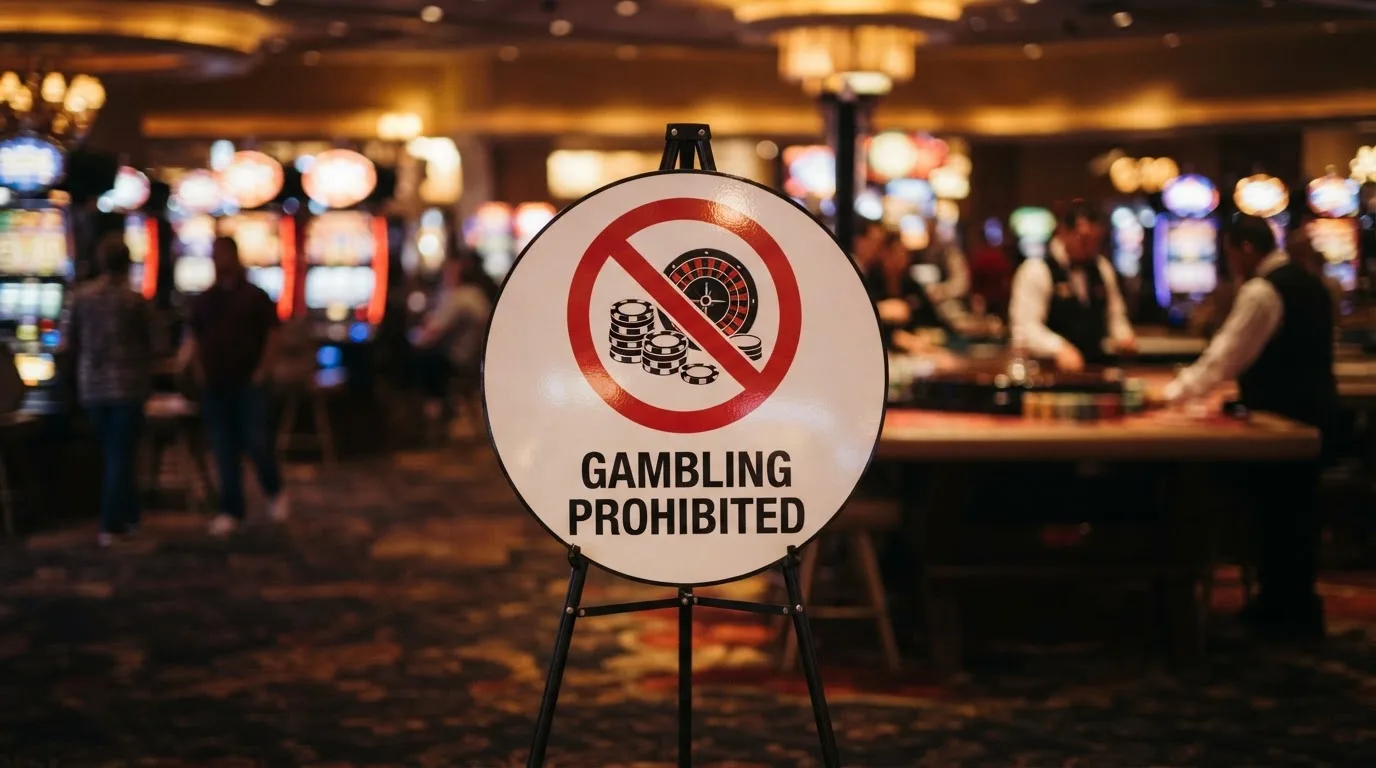 pictogramme d'interdiction superposé à une roulette et des machines à sous, illustrant l'interdiction du casino en ligne en France