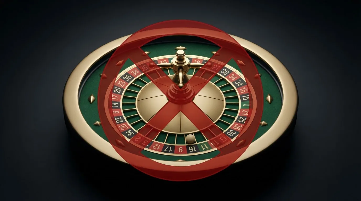 Le logo de l'Autorité nationale des jeux (ANJ) associé à un symbole d'interdiction sur fond de roulette de casino.