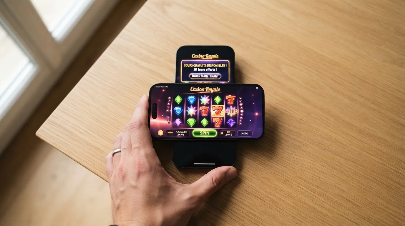 Écran de smartphone affichant l'interface mobile d'un casino en ligne avec une notification de tours gratuits