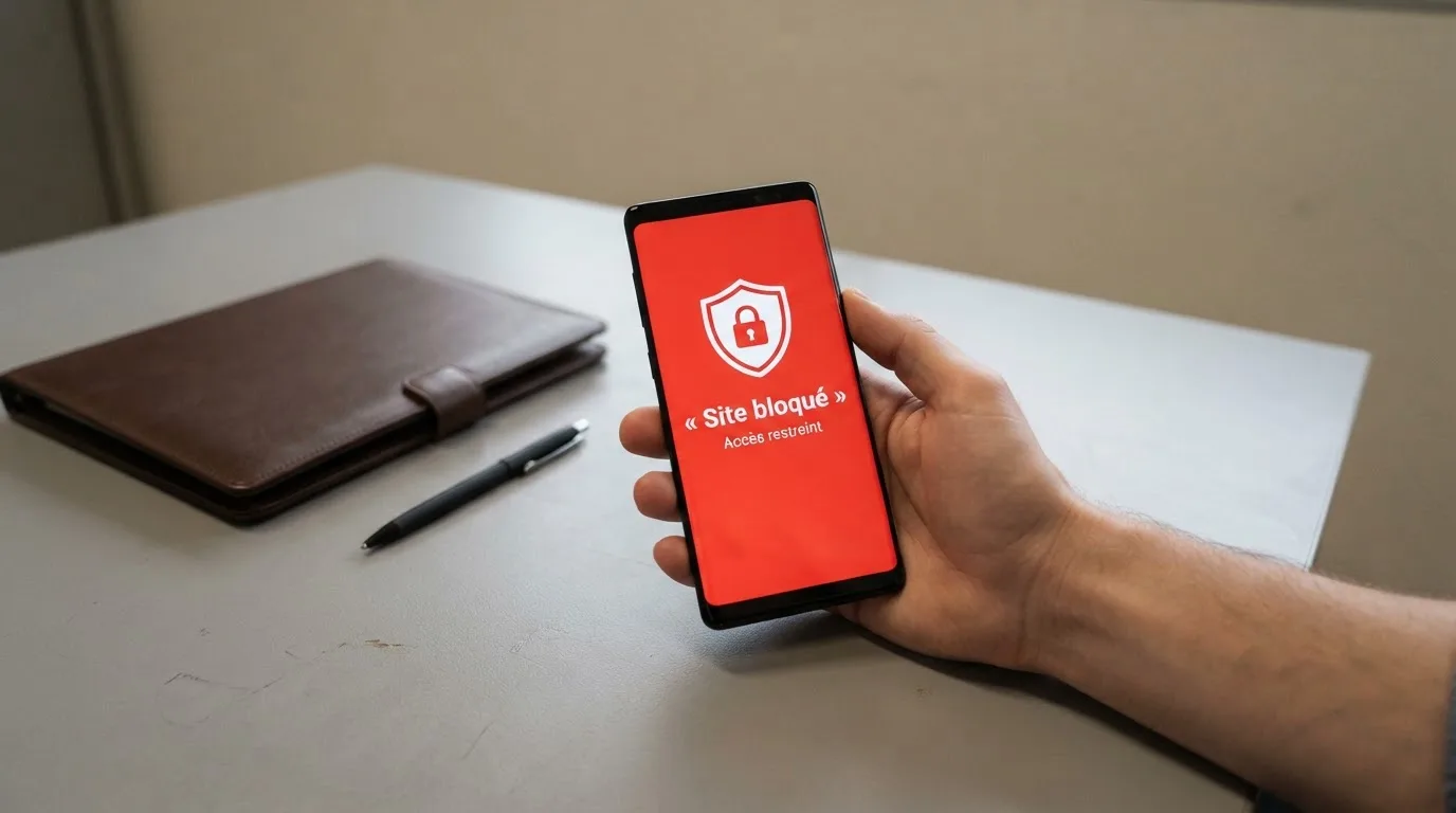 Main tenant un smartphone affichant un écran de blocage de site avec un message d'avertissement rouge, dans un décor évoquant un bureau administratif français.