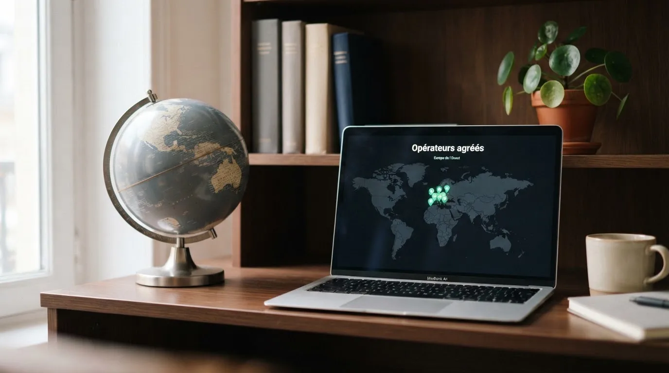 Un globe terrestre posé à côté d'un ordinateur portable affichant une carte du monde.
