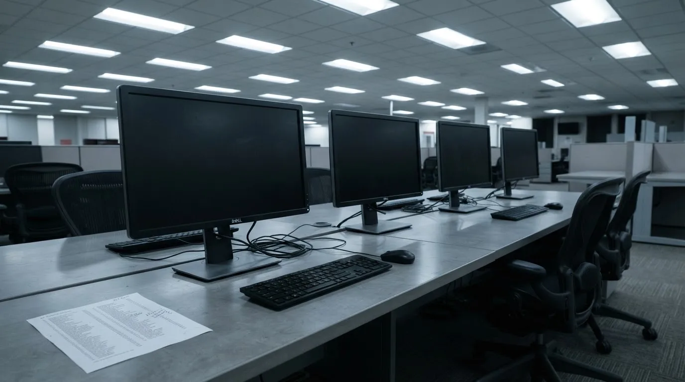 Une rangée d'écrans d'ordinateur éteints dans un bureau vide.