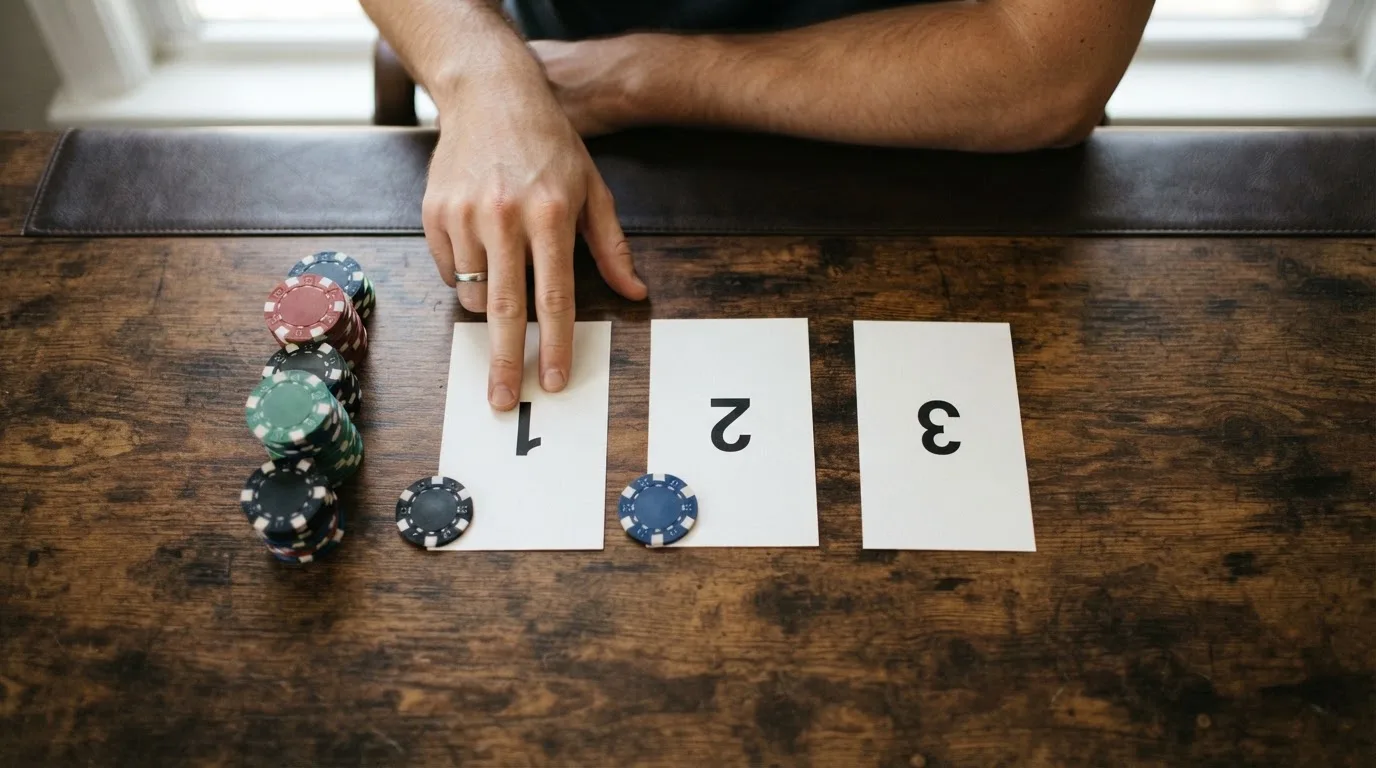 overhead flat-lay of a hand ranking printed casino logos on numbered cards on a desk