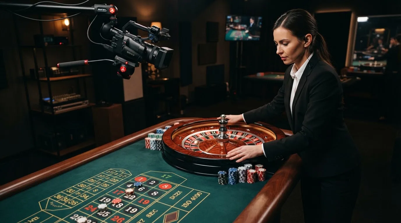 a live dealer standing at a roulette wheel under studio lighting, streaming camera visible above the table