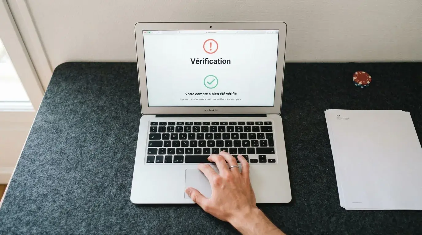 Close-up of a hand holding an identity document next to a laptop showing an online registration form
