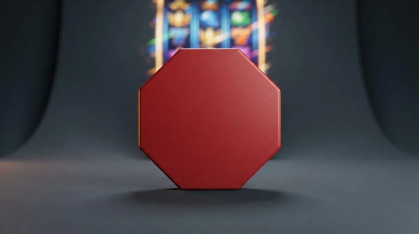 a red official-style stop/prohibition icon overlaid on a blurred casino slot-reel background