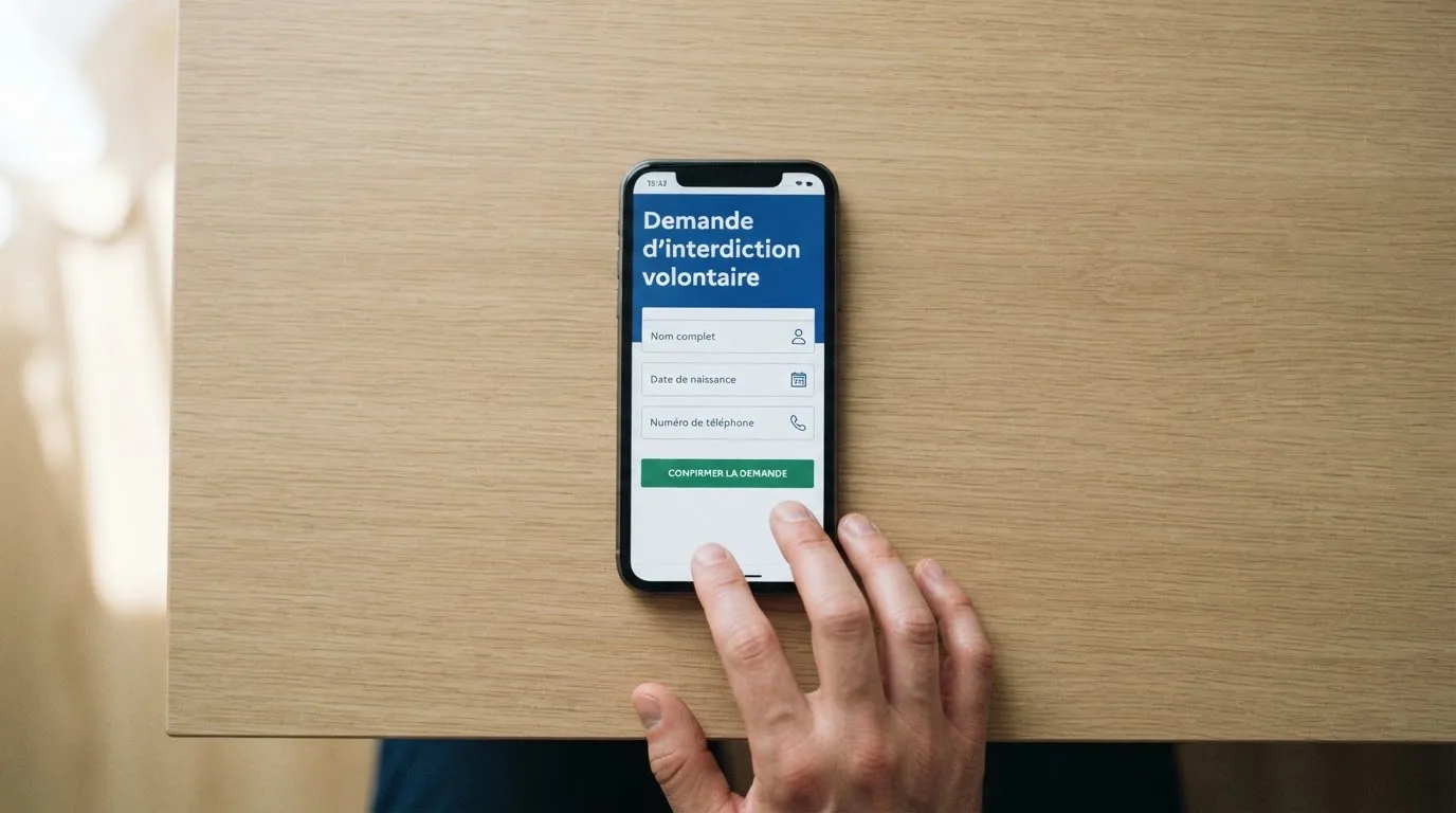 Formulaire de demande d'interdiction volontaire de jeux ouvert sur un smartphone