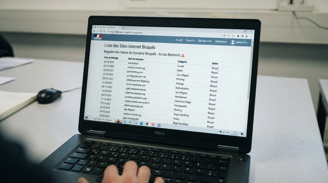 Une page de liste noire de sites bloqués affichée dans un navigateur, avec une colonne de dates