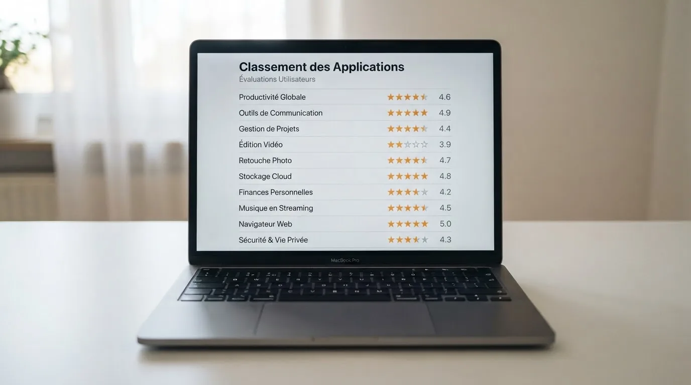 Liste de notes et d'étoiles affichée sur un écran, évoquant un classement d'applications sans nom de marque.