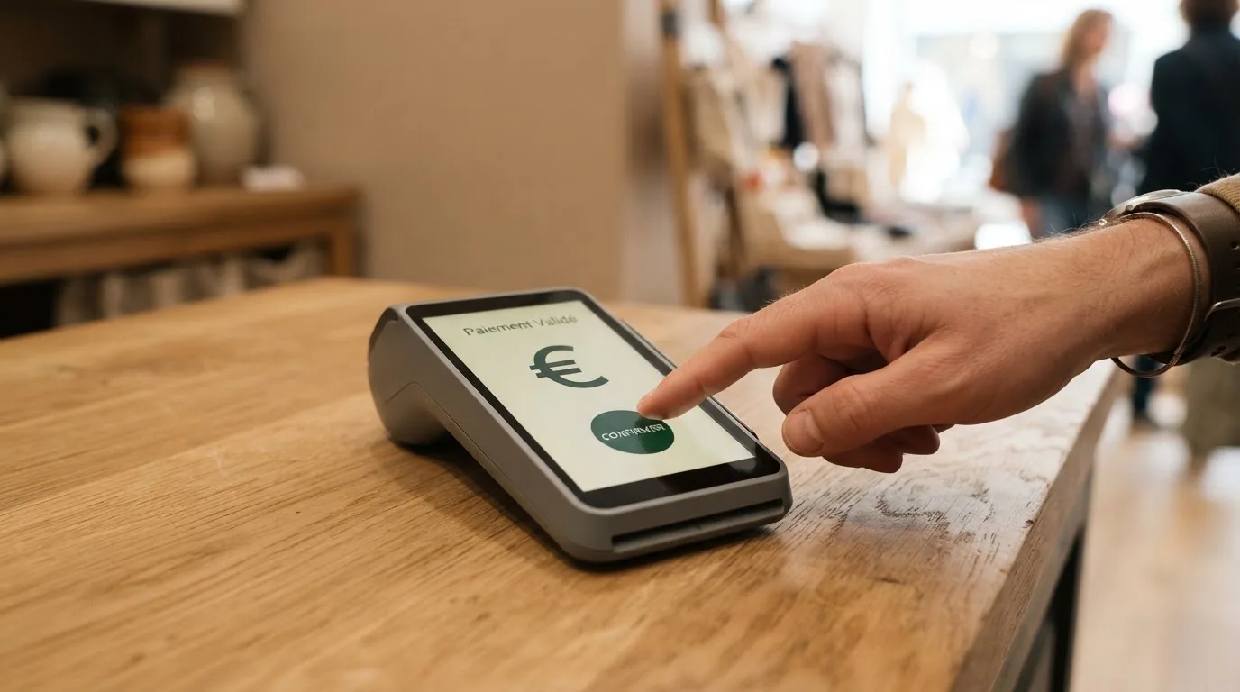 Main validant un paiement sur une interface de terminal, sans marque visible.