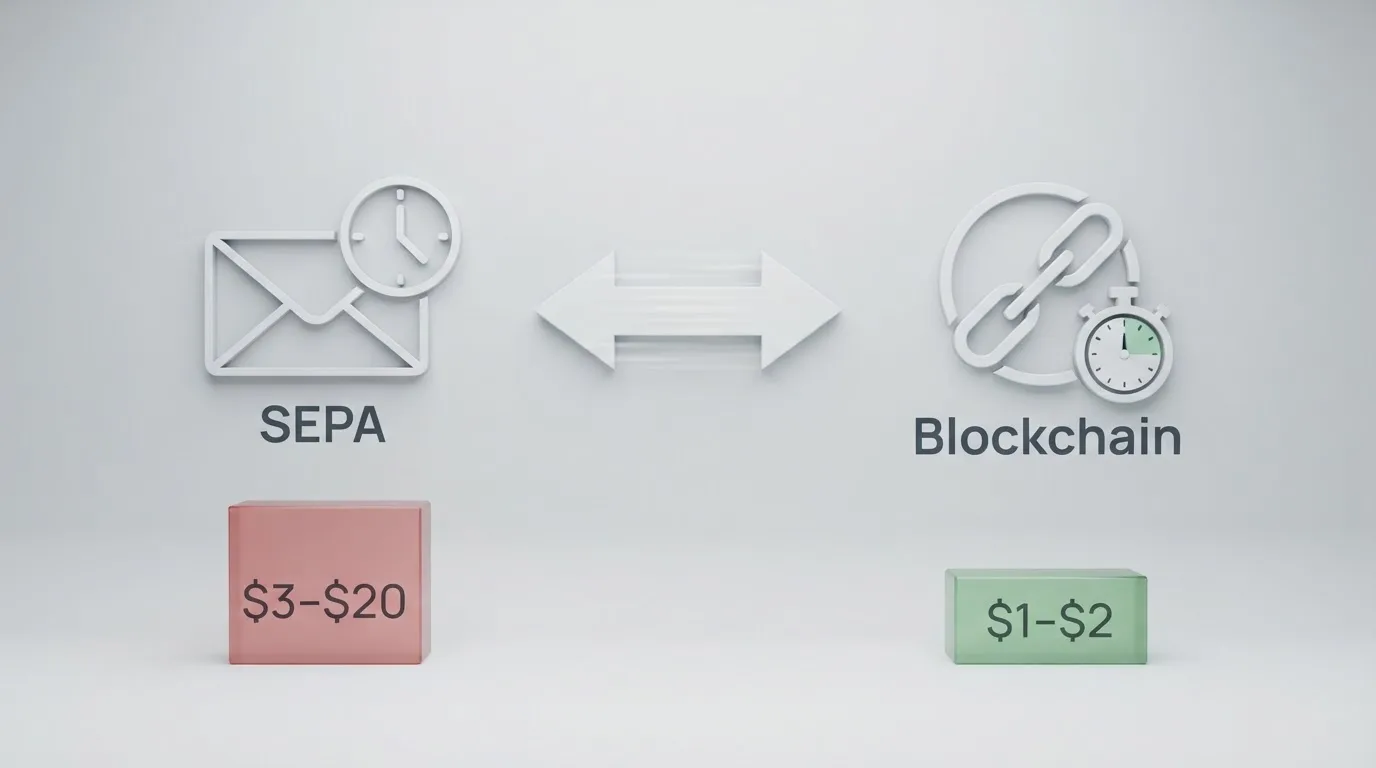 a split-screen graphic comparing a slow bank-transfer icon against a fast blockchain-transfer icon with a stopwatch