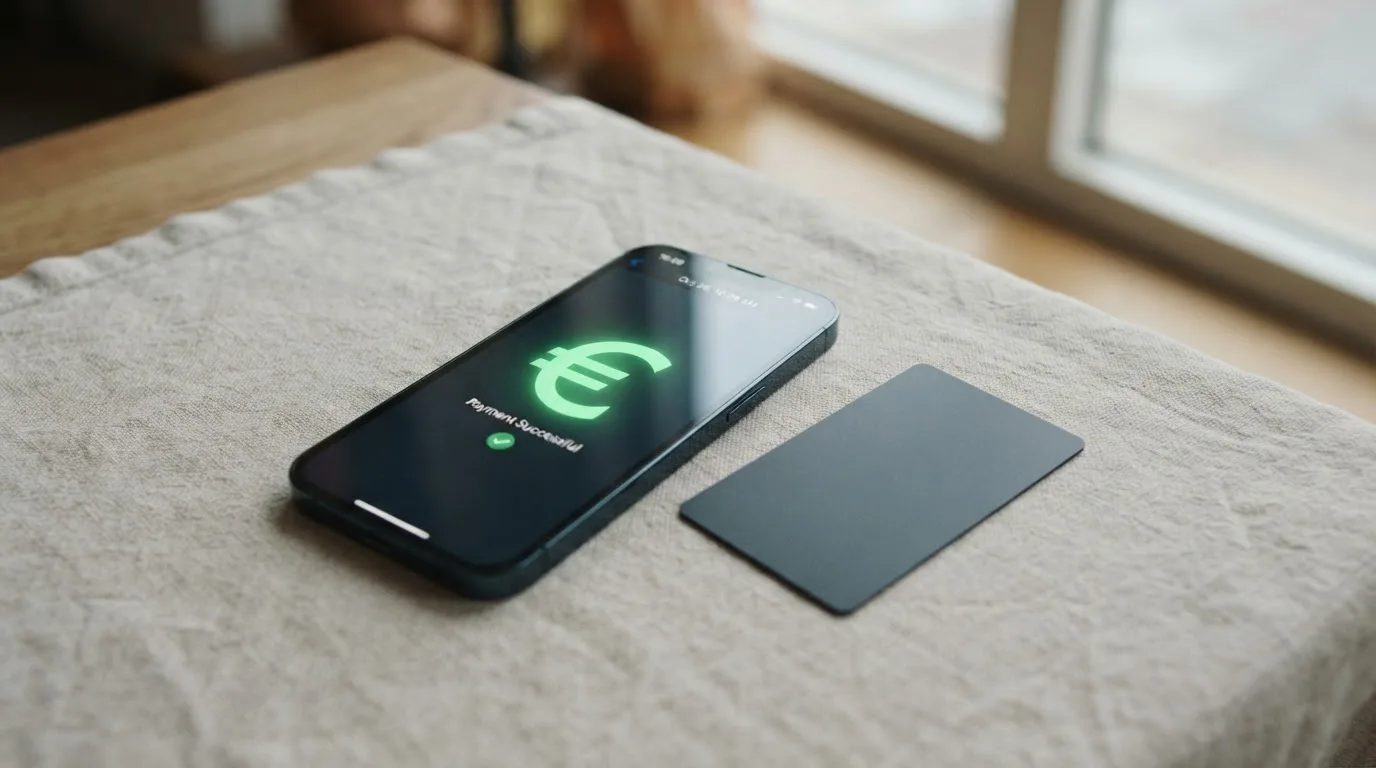 Close-up of a bank card and a smartphone displaying a payment confirmation screen
