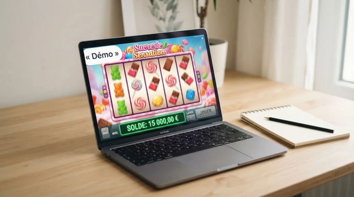 Interface de mode démo d'une machine à sous en ligne, avec un solde affiché en argent fictif